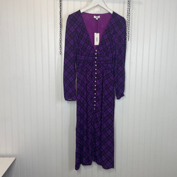 NWT Anthropologie Rahi Purple Plaid Trista Dress Size S Pearl Button Plunge Neck - Picture 1 of 8